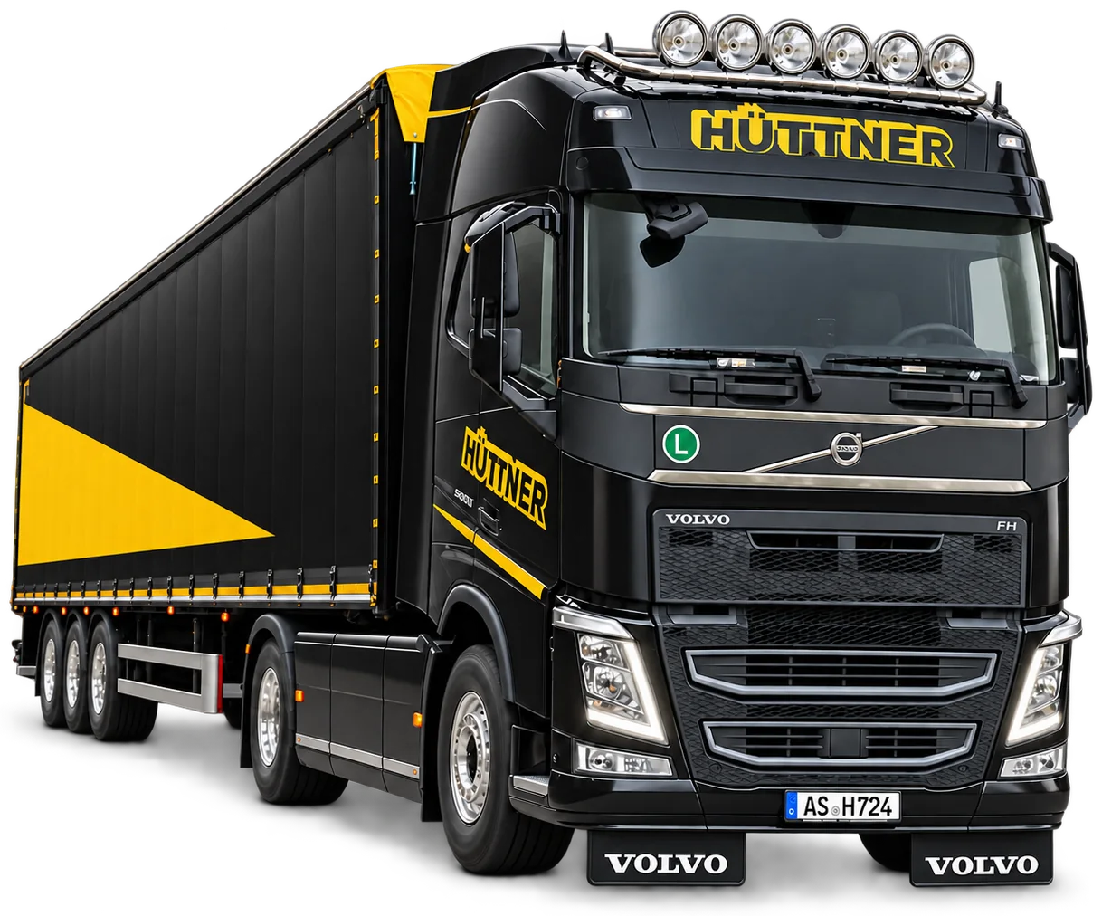 Freigestellter Hüttner-Lkw mit schwarz-gelbem Schubbodenauflieger